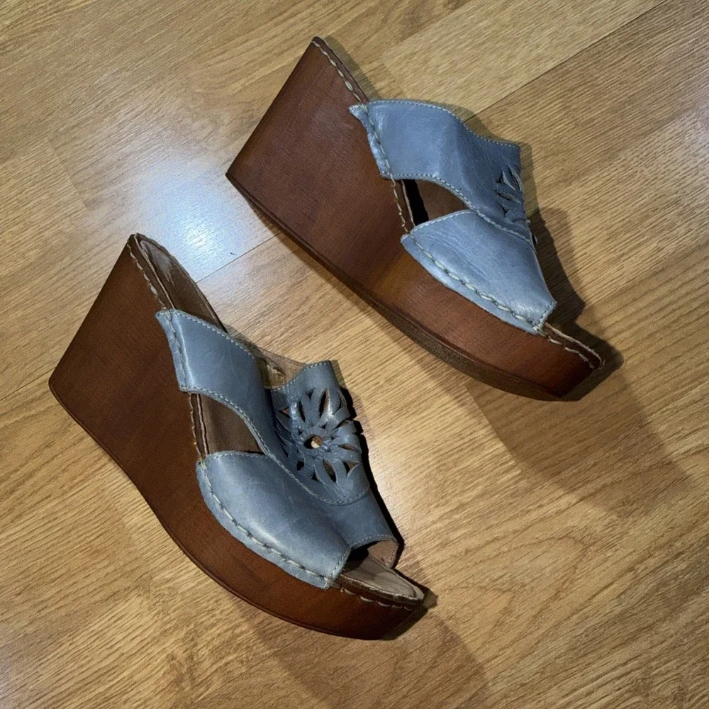 Spring Step Wedge Womens Sandals Size 39 US 8 Blue Leather Heels Summer